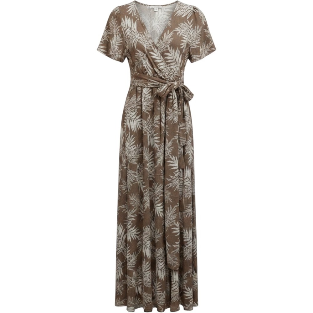 One The Land‎ Tan White Tropical Palm Leaf Wrap Maxi Dress S /#26319
